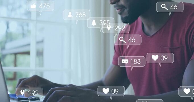 Typing on laptop sending icons rising around creator scrolling phone analyzing social media metrics