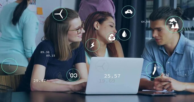 Team starting meeting on laptop bootup, tracking green metrics for decision with floating icons