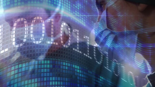 Medical surgeons analyzing rotating sphere ramping binary code intensifying light ribbon