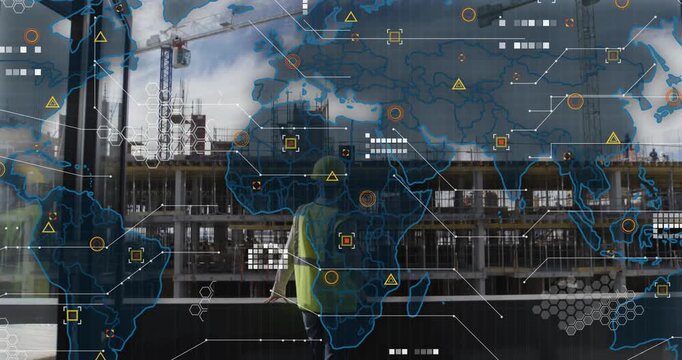 Engineer standing on balcony railing, map fading, icons appearing, monitoring construction progress