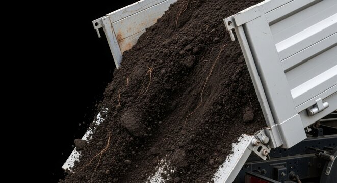 Heavy working equipment unloading soil from truck with dirt spilling out onto ground. Equipment is essential for construction projects involving earth moving and landscape preparation.