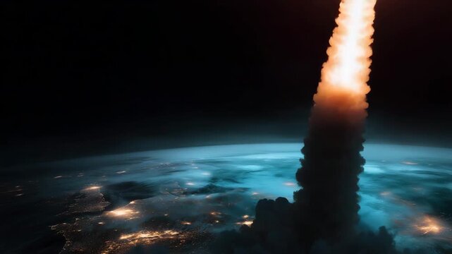 Launching rocket with smoke and flames, space technology, aerospace mission, takeoff concept, outer space travel, engineering success, futuristic exploration