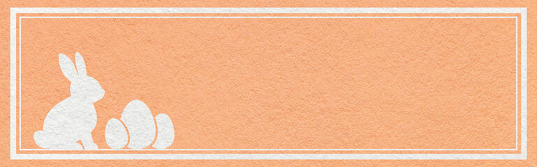 Fototapeta premium Easter website header banner with white bunny and eggs silhouette on light peach textured paper background with copy space