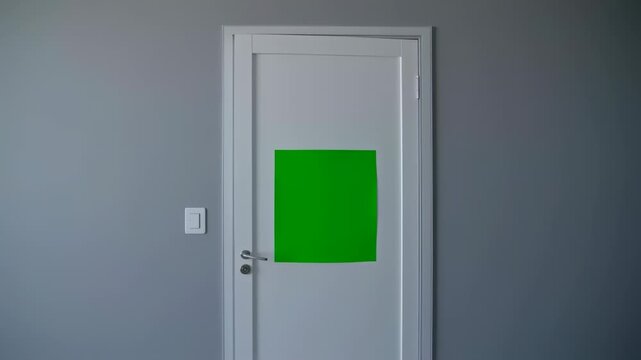 A white door with a green screen square affixed to it, set against a grey wall