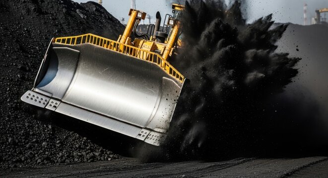 Heavy working equipment moving coal with powerful bulldozer scooping black coal on site. The bulldozer's blade efficiently displaces large quantities of coal,
