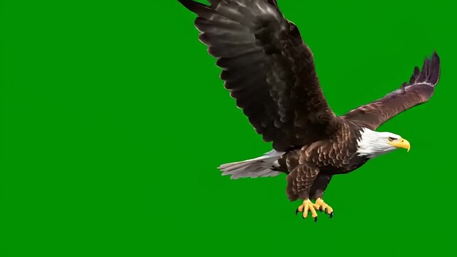 Majestic bald eagle soaring against a vibrant green screen, perfect for digital manipulation and wildlife footage