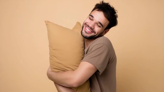 Happy young man hugging pillow, sleep comfort concept, bedtime routine, cozy rest, healthy sleep, relaxation, insomnia solution, studio portrait