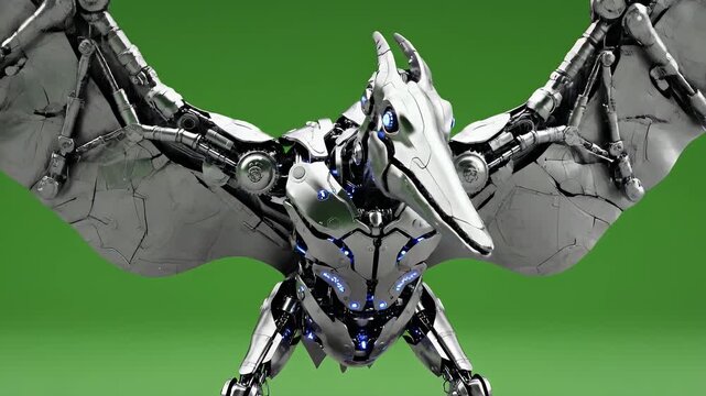 Futuristic Mechanical Pteranodon Creature with Metallic Body and Blue Lights in Landing Pose on Green Screen Seamless Loop