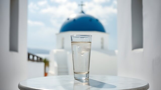 ouzo. Chilled ouzo glass on a table between blue dome and white walls. bar promotions, beverage menus, packaging labels, designed for product packaging and bar promotions, used by copywriters.