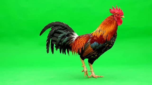 A majestic rooster with vibrant plumage stands proudly against a bright green backdrop, captured in stunning high definition