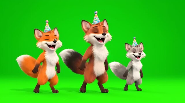 Joyful animated fox family celebrating a birthday party with colorful hats on a green screen, perfect for festive video projects and happy occasion themes