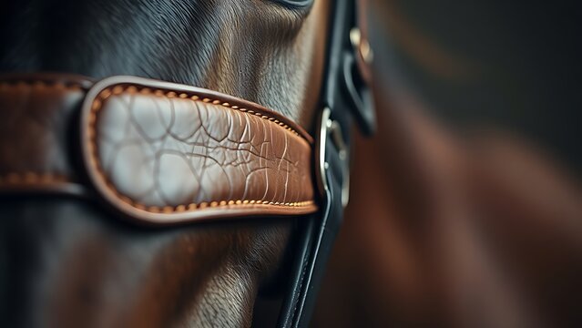 blinder. Extreme close-up view of a horse blinder, leather texture. wildlife magazines, conservation campaigns, designed for eco-tourism storytelling, used by graphic designers.