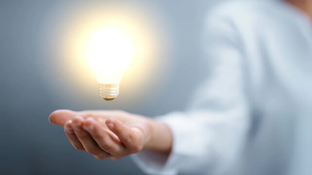 Hand holding glowing light bulb, innovation concept, creative idea, business inspiration, problem solving, startup vision, leadership, bright solution