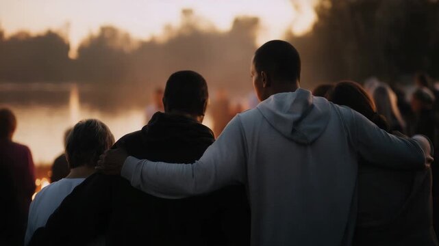 people embracing shoulders in a respectful outdoor gathering Rear view of people standing closely with arms over each other&rsquo;s shoulders during a respectful outdoor gat