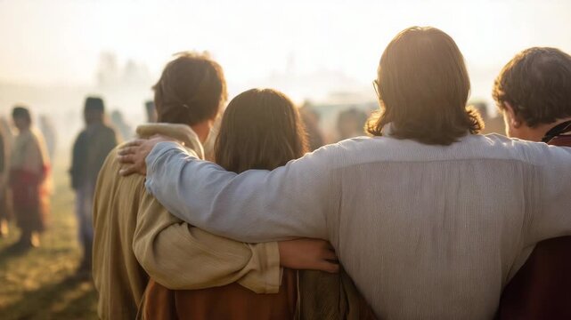 people embracing shoulders in a respectful outdoor gathering Rear view of people standing closely with arms over each other&rsquo;s shoulders during a respectful outdoor