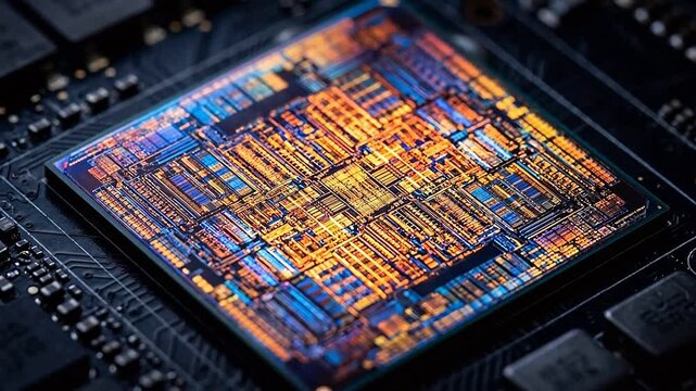 Advanced GPU core die exposes billions of microscopic transistors glowing with thermal energy and showing iridescent silicon reflections.