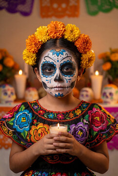 Portrait of a young Mexican girl with sugar skull makeup and a marigold crown holding a lit candle, celebrating the Day of the Dead by an altar.