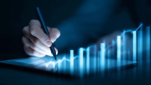 Businesswoman analyzing rising bar chart, financial analytics, data visualization, investment growth, market performance, economic strategy, digital finance