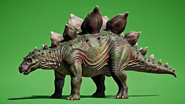 Realistic Stegosaurus Dinosaur Full Body Standing Idle on Bright Green Screen Background with Detailed Texture and Natural Lighting