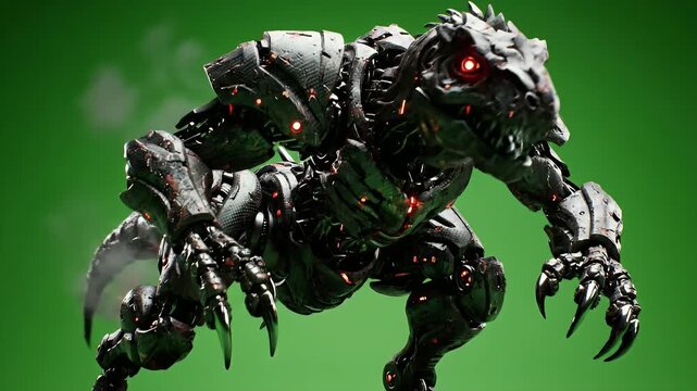 Aggressive Metallic Robotic Velociraptor with Glowing Red Eyes and Orange Embers Ready to Sprint on a Vibrant Green Screen Background