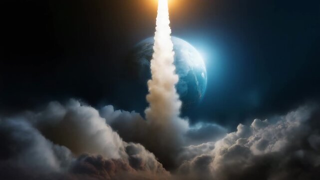 Powerful Launching rocket with smoke and flames, space technology, aerospace mission, takeoff concept, outer space travel, engineering success, futuristic exploration