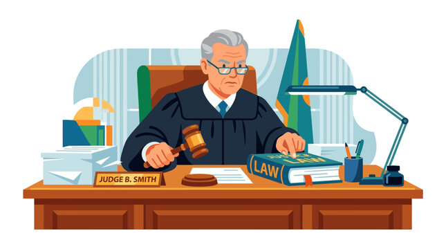 Judge Presiding Over Courtroom With Gavel and Law Book.