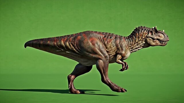 Realistic Carnotaurus Dinosaur Full Body Walking Loop on Green Screen Background With Dramatic Lighting