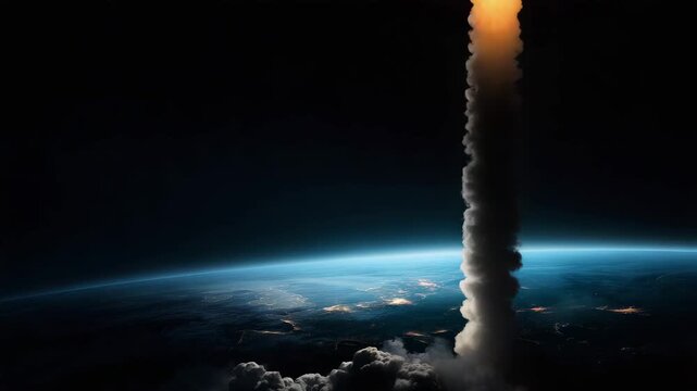 Rocket launch through clouds, space mission, aerospace technology, lift off, space exploration, launch pad, futuristic travel, powerful propulsion