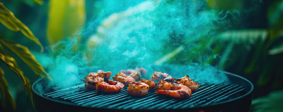 Grilled shrimp cooking over hot coals on  barbecue with dramatic blue smoke rising