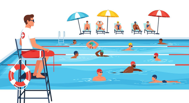 Lifeguard watching over swimming pool with people swimming.
