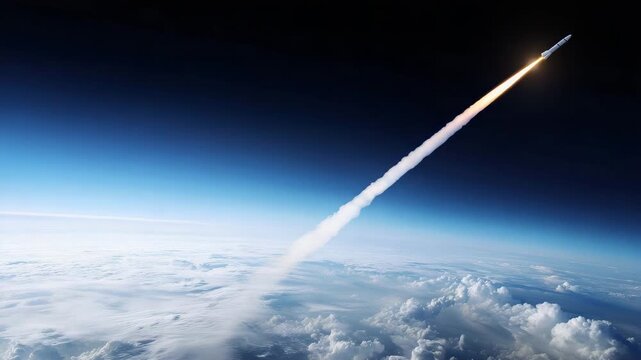 Rocket launch seen from high altitude above clouds, space mission, aerospace technology, launch trajectory, atmospheric flight, outer space, futuristic exploration
