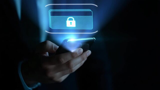 Smartphone user with glowing payment card and lock symbol for fintech security concept Cropped technology scene with a person holding a smartphone and a glowing card interface