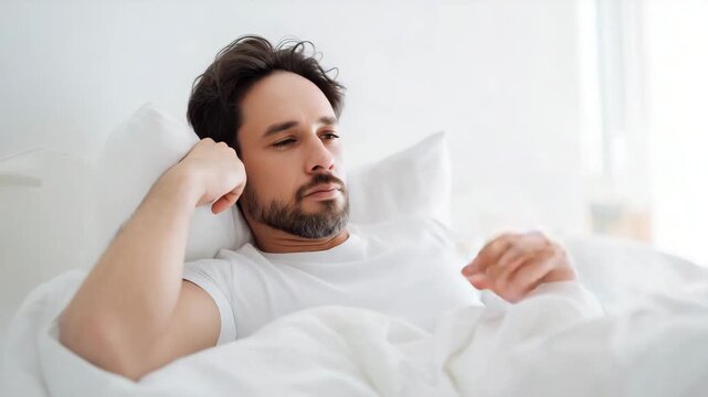 Tired man lying awake in bed, insomnia, sleep disorder, restless night, fatigue, bedtime stress, exhausted person, sleeplessness, home bedroom, pillow