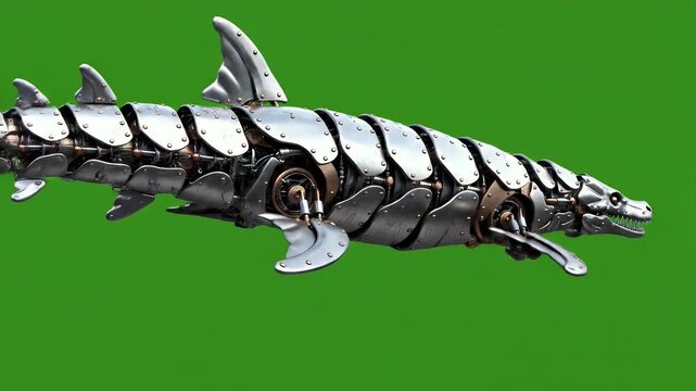 Steampunk Robotic Mosasaurus Swims Gracefully on Green Screen Background Seamless Loop Animation