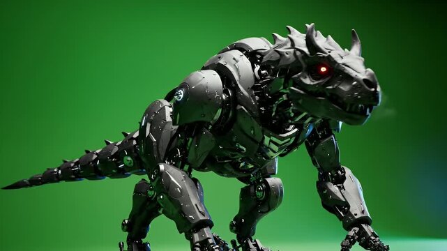 Robotic Carnotaurus Dinosaur Full Body Standing Idle Aggressive on Green Screen Studio Lighting Detailed Mechanical Texture and Red Glowing Eyes