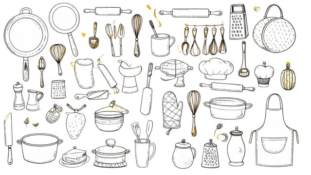 Hand drawn kitchen utensils and cooking equipment stickers set including frying pan whisk rolling pin oven mitt and apron isolated on yellow