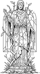Obraz premium Ancient Stone Statue Overgrown With Vines And Leaves In Ruins