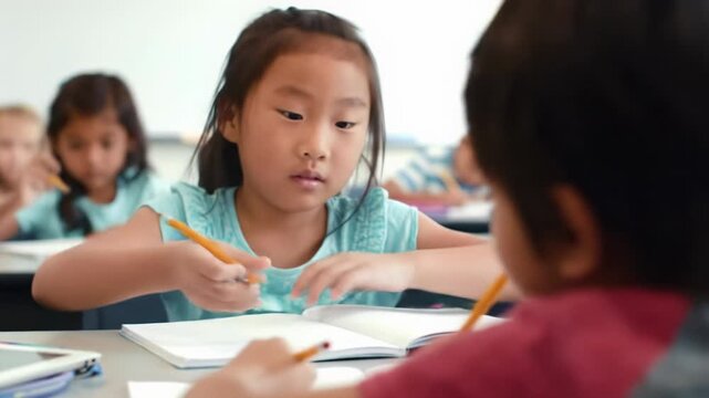 An ethnically diverse child's focused hands gently hold a pencil over a notebook in a modern, bright elementary classroom. Soft studio light highlights their joyful learning. Concept of discovery and