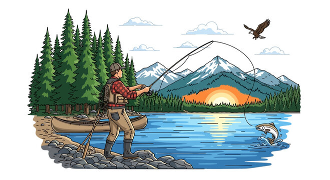 Man Fly Fishing by Lake with Mountains, Eagle, and Sunrise - Outdoor Adventure