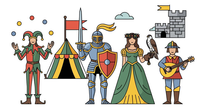 Medieval Festival Characters and Castle Illustration