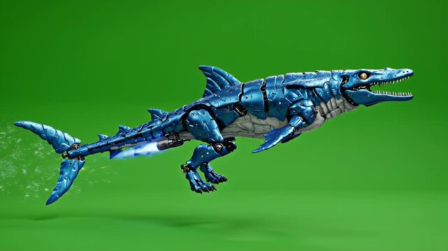 Blue Robotic Ichthyosaurus Swims Smoothly Underwater With Water Trails Isolated On Green Screen Background