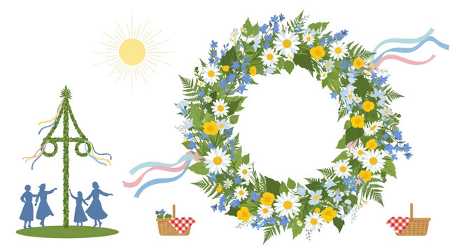 Midsummer Celebration: Maypole, Flower Wreath, Dancing People, Sun, Baskets