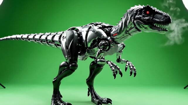 Full Body Robotic Velociraptor Standing Idle With Sleek Metallic Body and Red Glowing Eyes on a Green Screen Background Studio Lighting
