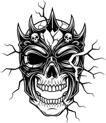 Obraz premium Cracked Gothic Skull Mask With Spiked Crown And Skeletons On Black Background