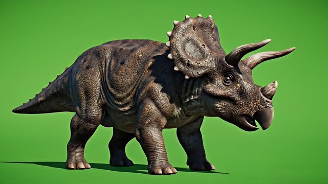 Realistic Triceratops Dinosaur Full Body Standing Idle Isolated on Green Screen Background in Natural Lighting Detailed Texture Realistic Ancient Reptile Prehistoric Creature