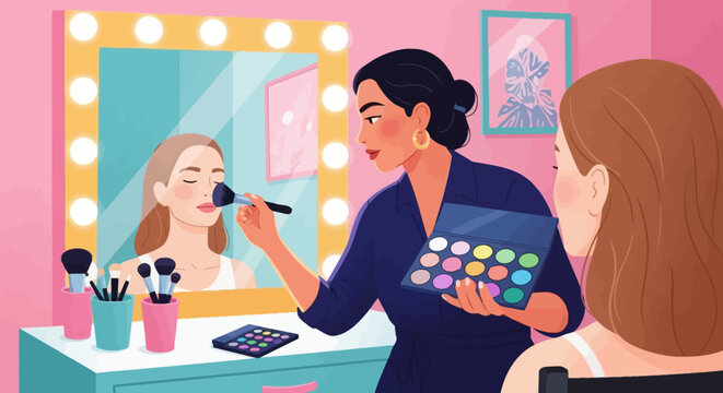 Makeup artist applying cosmetics to a client in a studio setting.