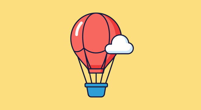 Red hot air balloon with cloud, flat design, yellow background