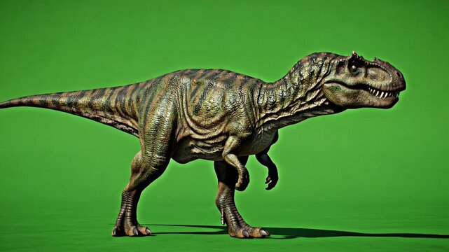 Realistic Allosaurus Dinosaur Full Body Alert Stance Head Tilting Green Screen Chroma Key Background