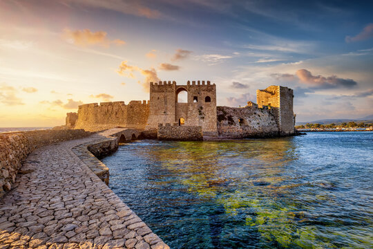 The ancient Venetian Fortress of Methoni in Peloponnese, Messenia, Greece, during sunset time