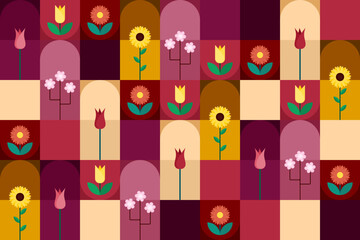 Fototapeta premium Spring bauhaus pattern. Colorful spring flowers seamless pattern with floral, tropical, botanical for background, backdrop, fabrics, textiles, fiber, wallpaper and print in vector spring style.